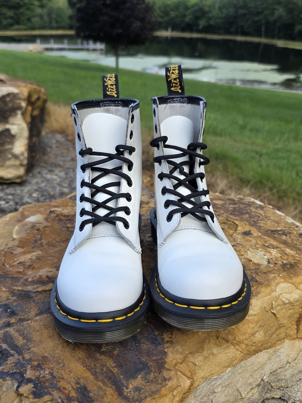 Dr. Martens White Leather Lace-Up Boots with Yellow Stitching Size 5